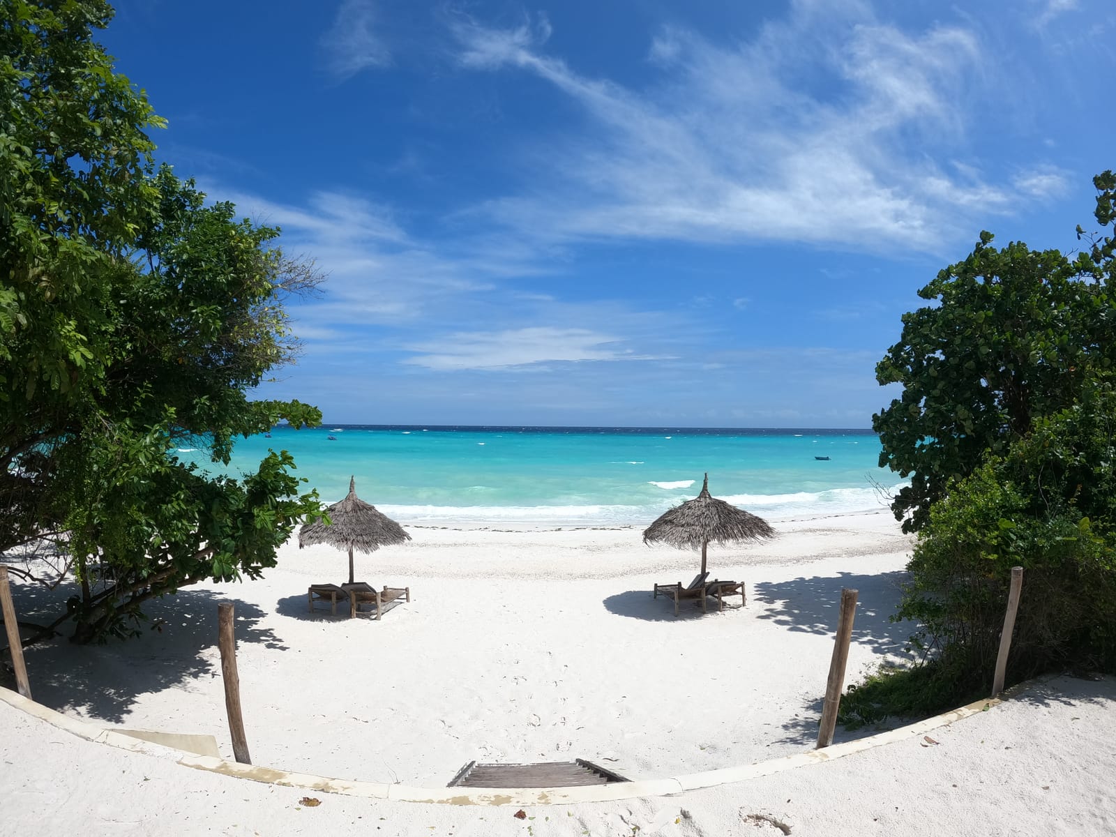 White sand path framed by trees leading to a turquoise Zanzibar beach with thatched umbrellas